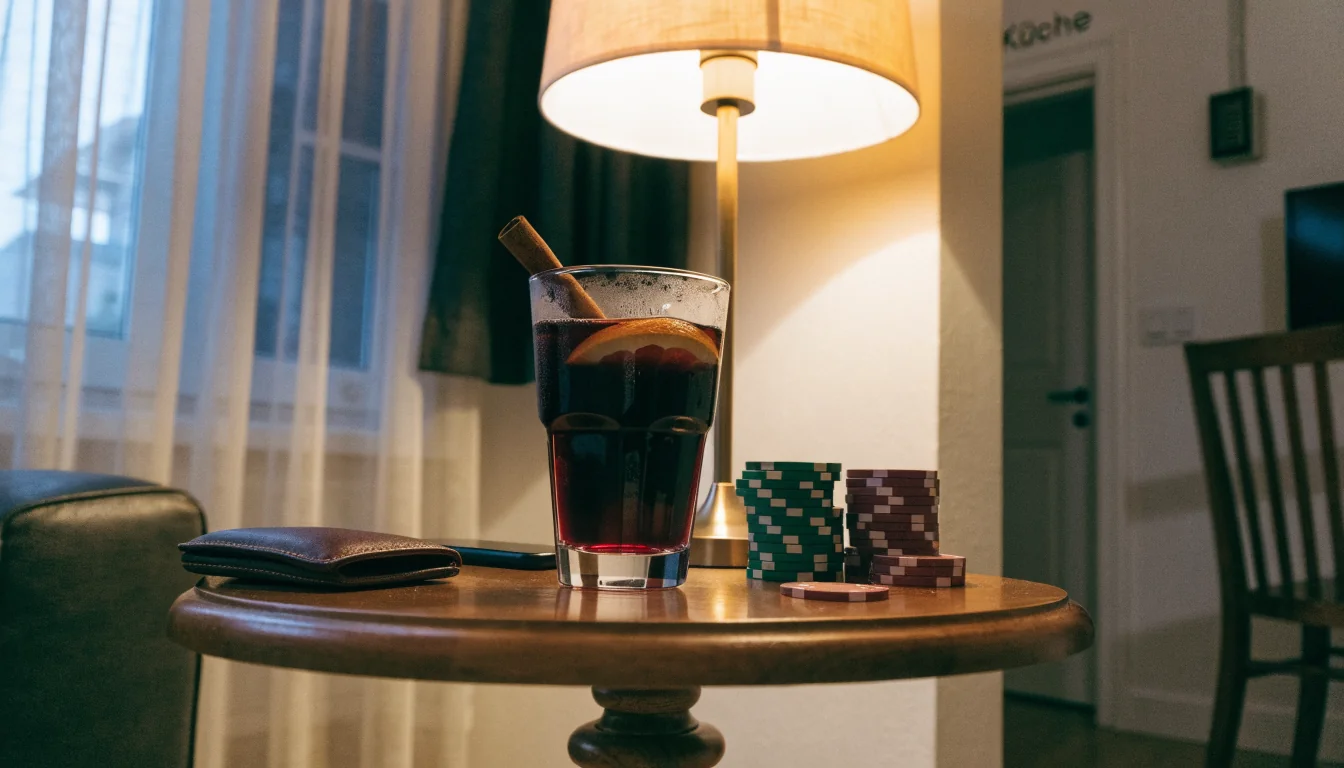 Deutsche Wohnzimmer-Szene mit Spielchips, Weinglas und Smartphone mit verdecktem Display.