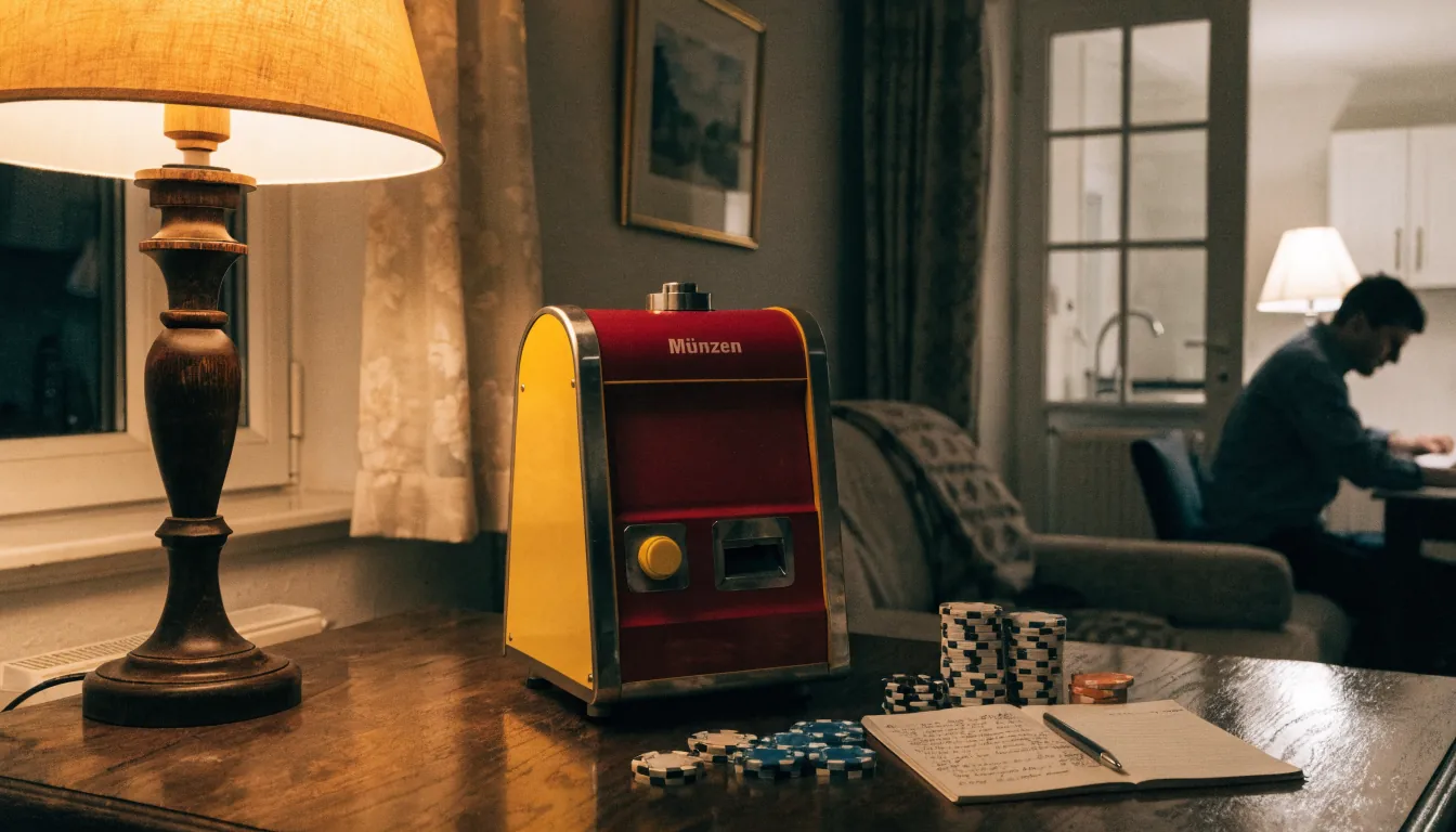 Spielautomat auf Holztisch im warmen Wohnzimmer mit Chips und Notizbuch.