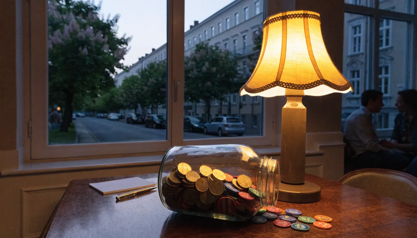 Goldmünzen und Spielmarken in einem Glas auf einem Holztisch in einem deutschen Wohnzimmer