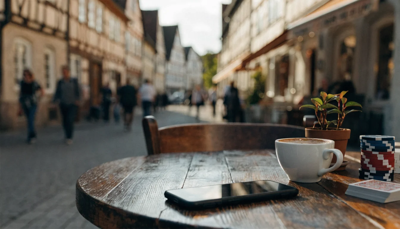 Smartphone auf einem Tisch in einem deutschen Café mit Spielchips