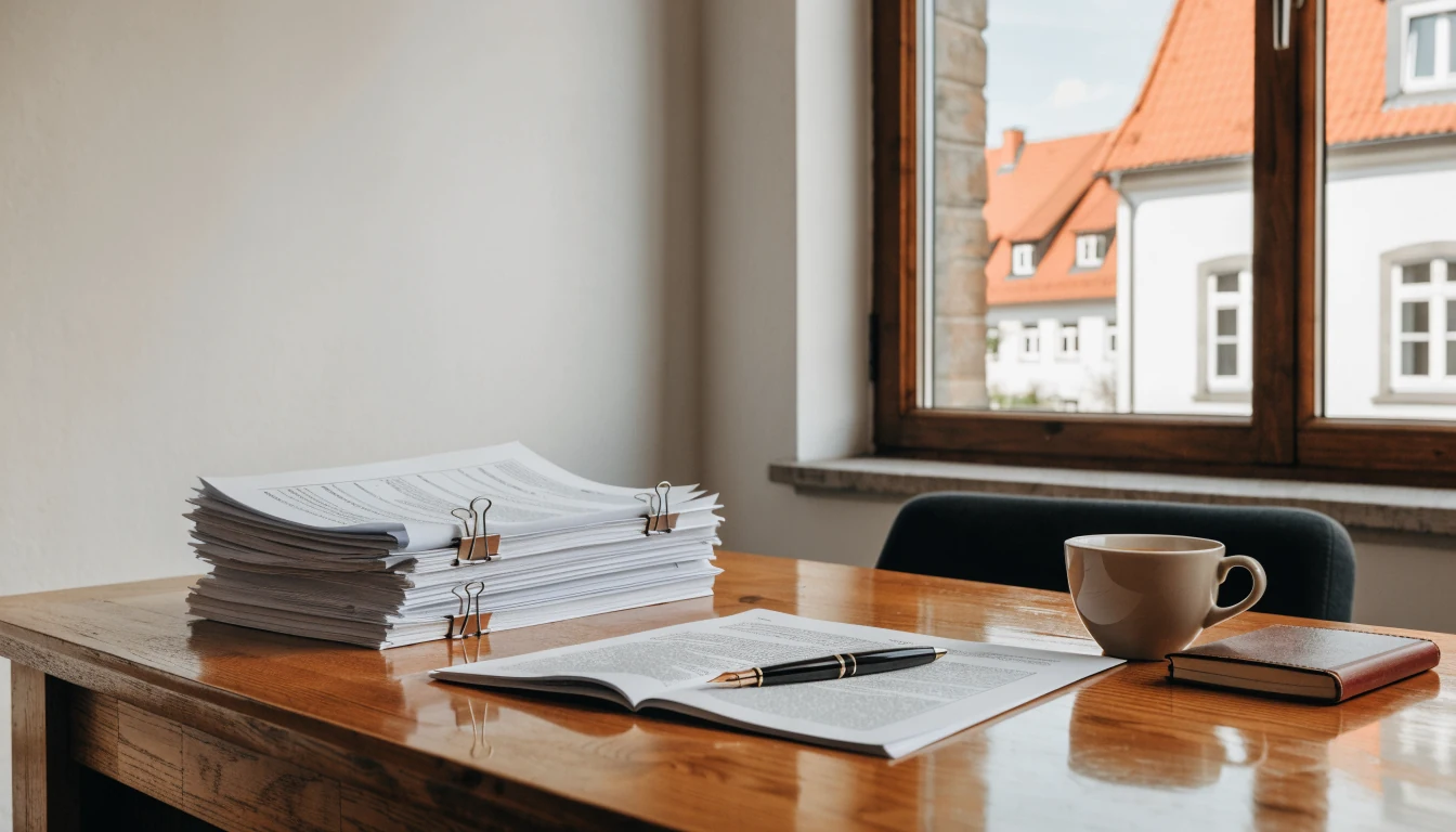 Holzschreibtisch in hellem Büro mit ordentlichen Vertragsdokumenten, Füllfederhalter und Kaffeetasse