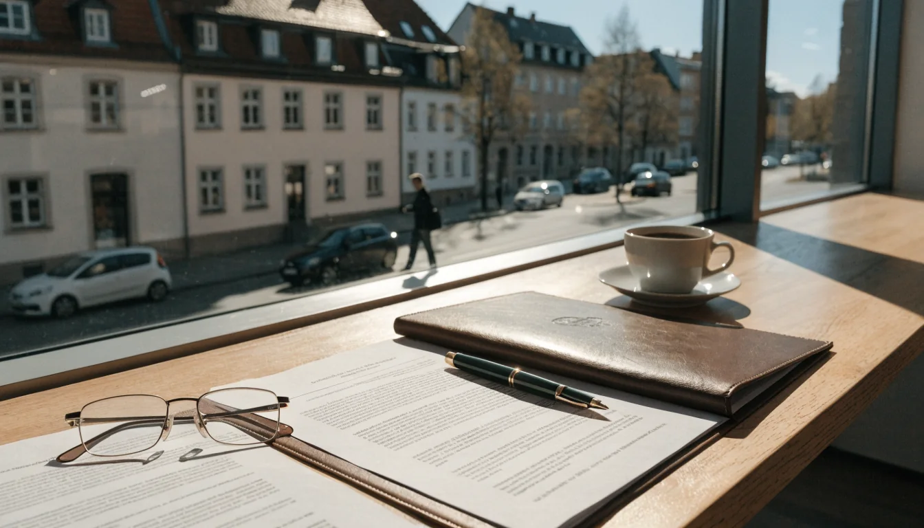 Schreibtisch mit juristischem Ordner, Brille und Kaffee im hellen deutschen Büro