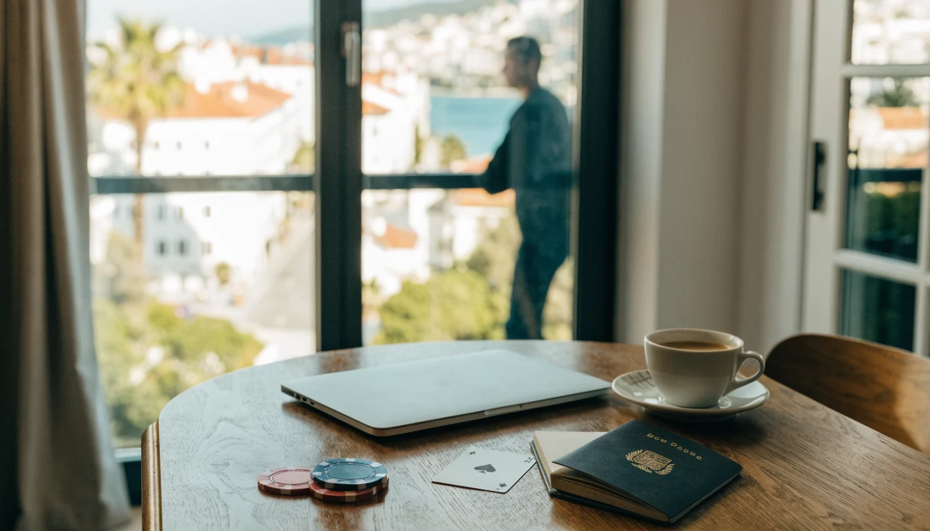 Geschlossener Laptop, Spielchips, Spielkarte und Reisepass auf Holztisch mit mediterranem Ausblick