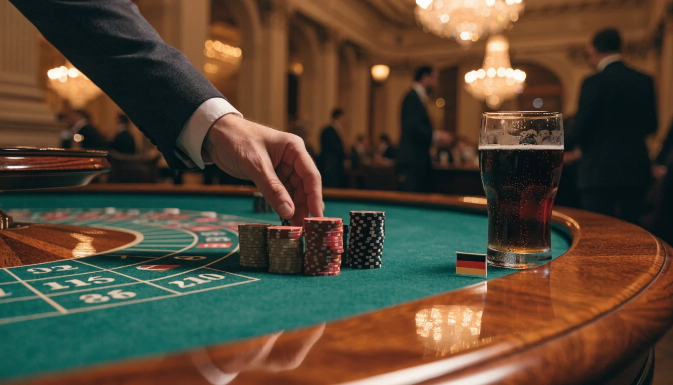 Roulette-Tisch mit Chips und Bier in einem deutschen Casino-Saal