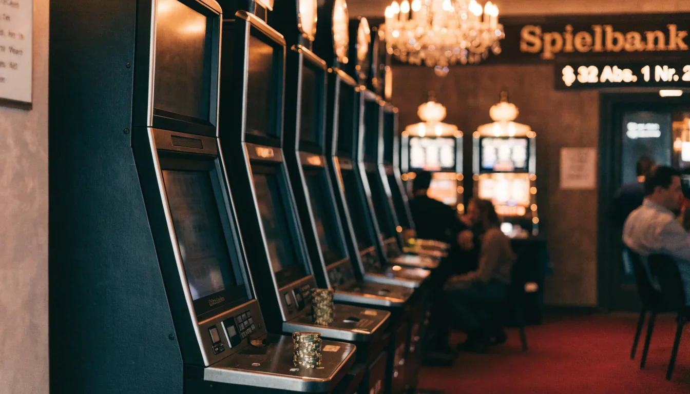 Reihe leuchtender Spielautomaten in einer deutschen Spielbank mit warmem Kronleuchterlicht und goldenen Casino-Chips