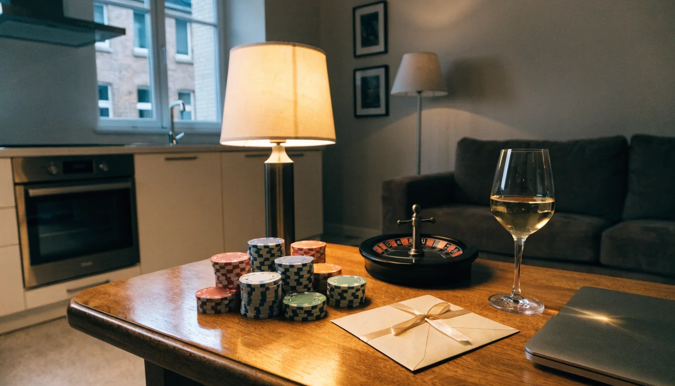 Casino-Chips, Roulette und ein versiegelter Willkommensumschlag auf einem Holztisch im warmen Lampenlicht.