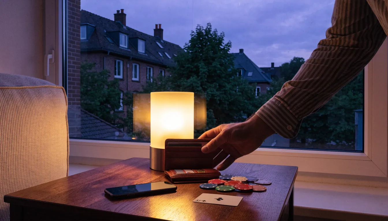 Modernes deutsches Wohnzimmer mit Geldbörse, Smartphone, Casino-Chips und Spielkarte auf einem Tisch am Abend.