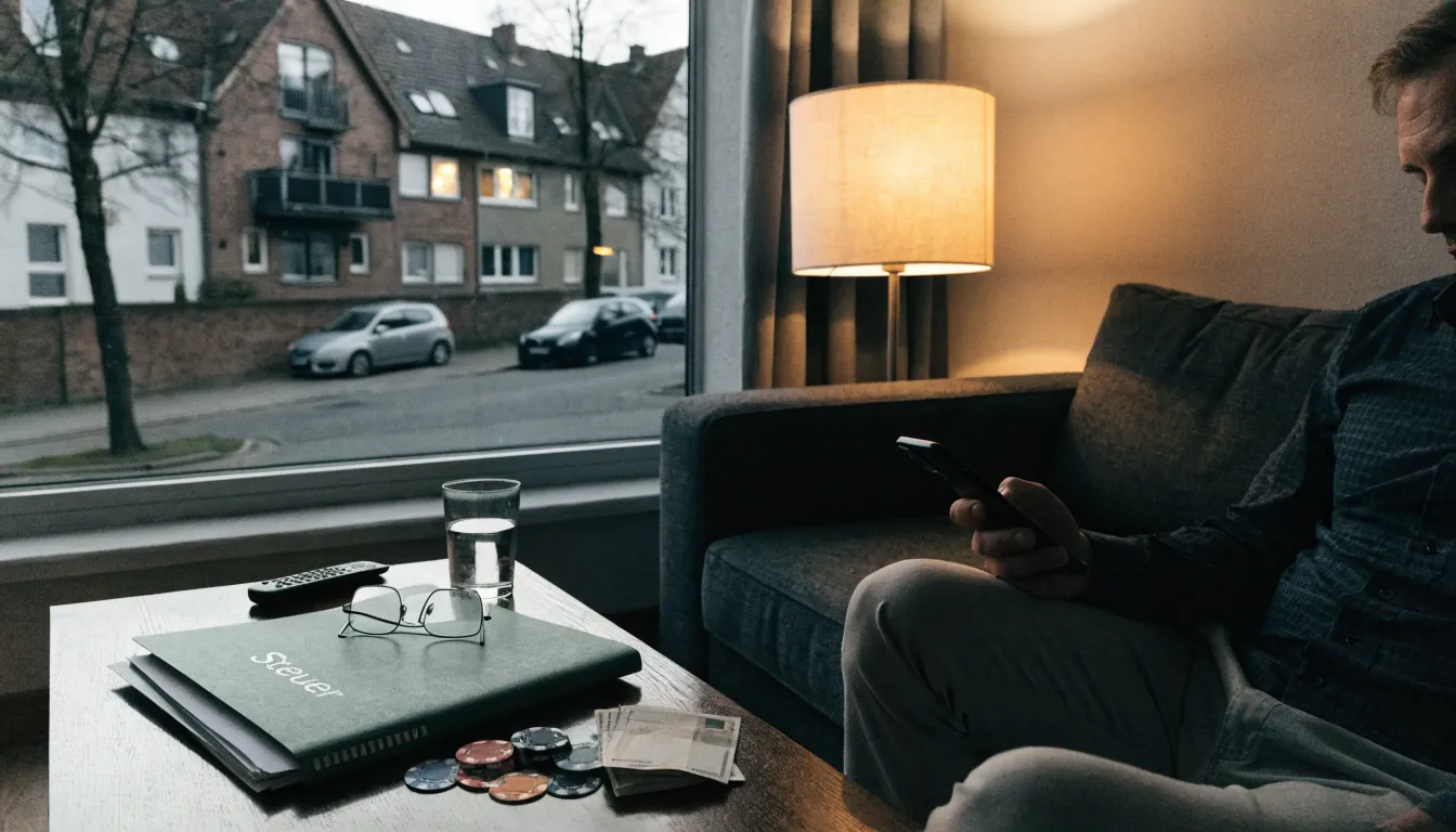Mann mit Smartphone, Spielchips und Euro-Scheinen neben Steuerunterlagen auf dem Couchtisch.