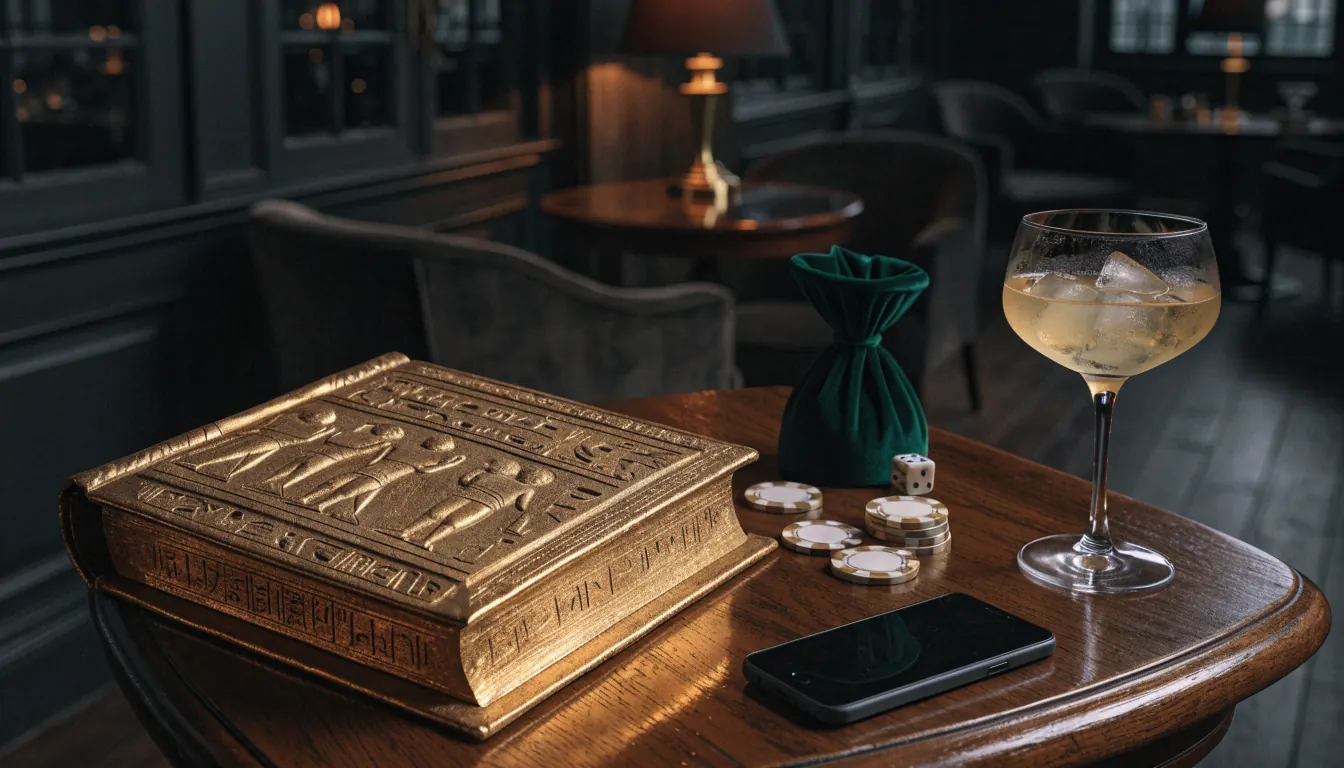 Goldenes ägyptisches Buch mit Hieroglyphen liegt auf einem Tisch neben Smartphone und Poker-Chips in gedämpfter Atmosphäre.