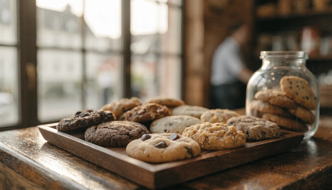 Frisch gebackene Kekse auf einem Holztablett in einer deutschen Bäckerei
