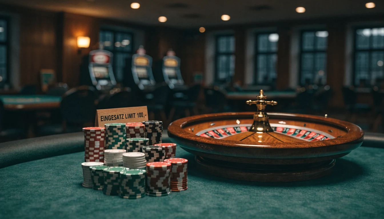 Spielchips und Roulettekessel mit Hinweisschild zum Limit