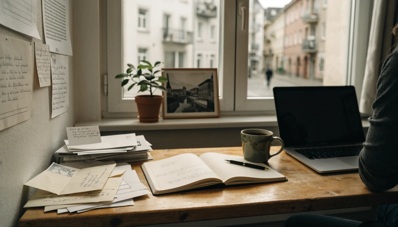 Schreibtisch in einem kleinen Redaktionsbüro mit Notizbuch, Laptop und Tasse Kaffee