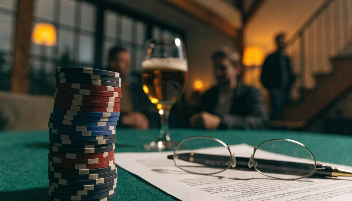 Gestapelte Casino-Chips neben einem Dokument mit Bonusbedingungen und Lesebrille auf grünem Filztisch