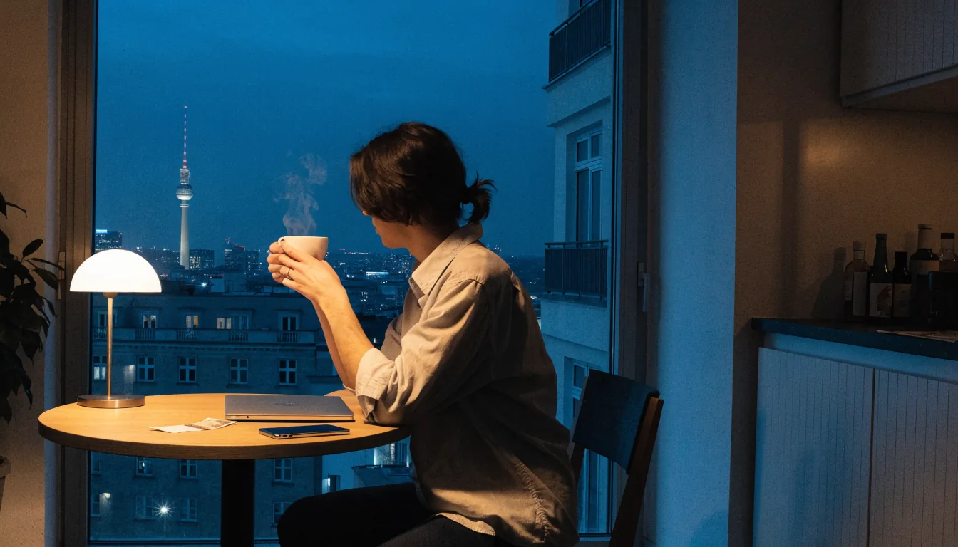 Abendliche Berliner Wohnung mit geschlossenem Laptop und Euro-Schein auf dem Tisch.