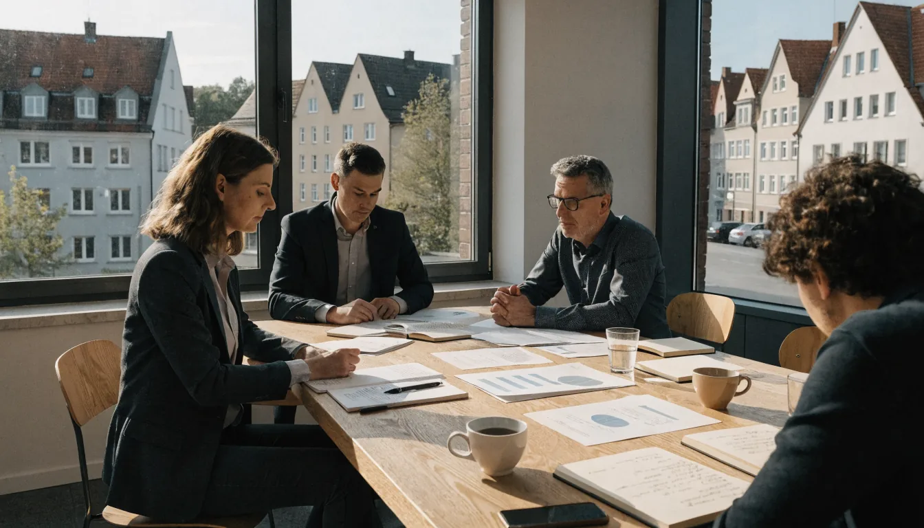 Professionelles Redaktionsteam in einem modernen deutschen Büro bei der gemeinsamen Prüfung von Dokumenten.